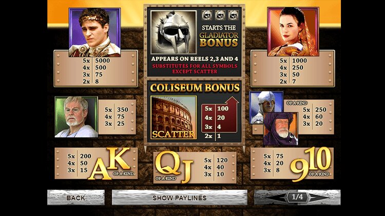 Gladiator slot symbols Gladiator slot game bonus symbols